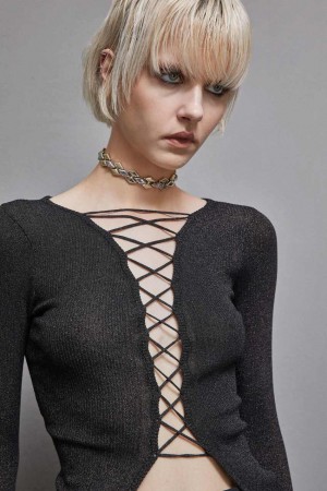 Patrizia Pepe Essential Lurex Ribbed Cardigan Nere | DTIJ-17804