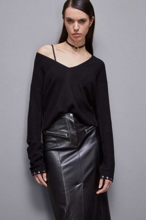 Patrizia Pepe Essential Wool Ribbed Sweater Nere | TOEY-92713