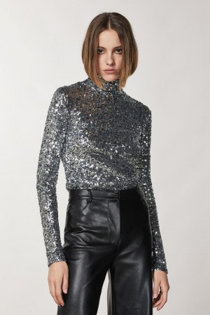 Patrizia Pepe High Neck T-shirt With Sequins Grigie | UXOL-98610