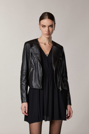 Patrizia Pepe Leather Biker Jacket With Top-stitching Nere | FEKX-26097