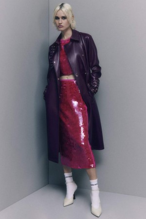 Patrizia Pepe Long Faux Leather Trench Coat With Zipper Viola | GWMK-28961