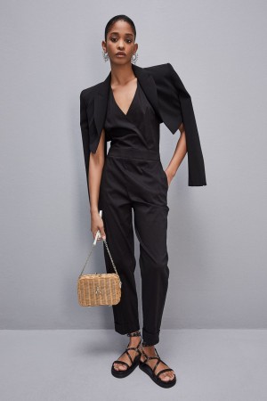Patrizia Pepe Long Jumpsuit In Stretch Cotton-blend Poplin Nere | DJIO-34518