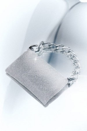 Patrizia Pepe Maxichain Rhinestone Clutch Bag Argento | ERDK-56318