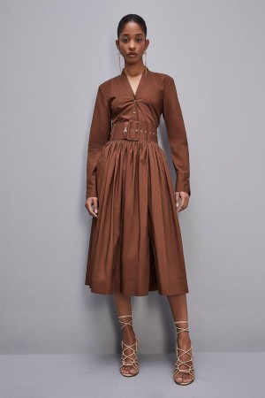 Patrizia Pepe Midi Flared Skirt With Belt Marroni | RSTX-29035
