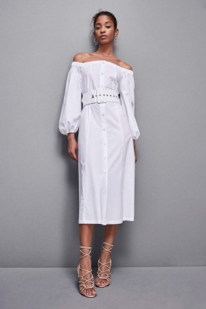 Patrizia Pepe Off-shoulder Dress With Belt Bianche | PCRJ-64258