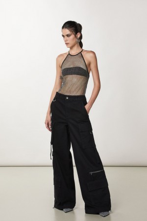 Patrizia Pepe Rhinestone Mesh Crew-neck Top Nere | BGRO-76805