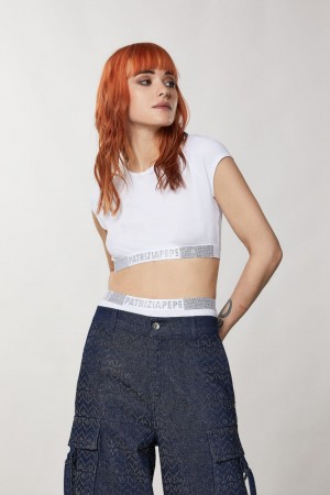 Patrizia Pepe Rib-knit Top With Rhinestones Bianche | NHYM-12408