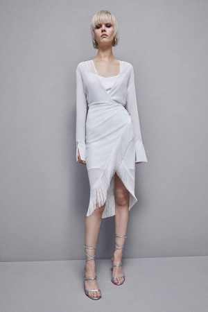 Patrizia Pepe Satin And Georgette Dress With Fringes Bianche | QZRL-15769