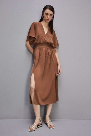 Patrizia Pepe Satin Dress With Smock Stitching Marroni | CXOB-52374