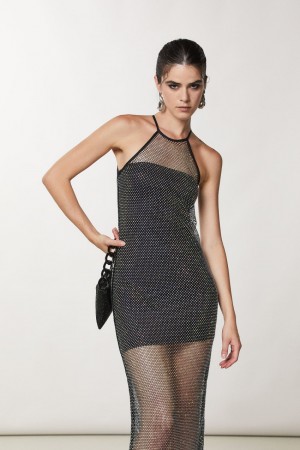 Patrizia Pepe Sleeveless Rhinestone Mesh Dress Nere | EXBJ-05128