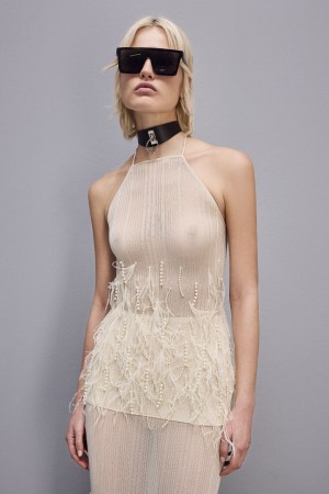 Patrizia Pepe Sleeveless Top With Feather And Pearl Embroidery Bianche | HEXT-75293