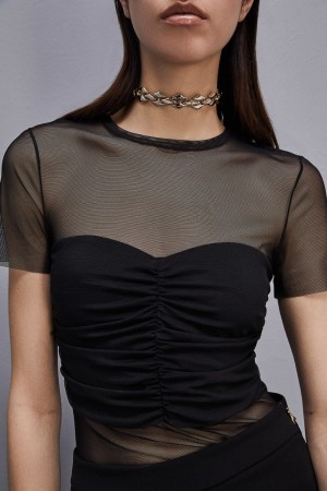 Patrizia Pepe Slim T-shirt In Stretch Tulle Nere | IULT-45068
