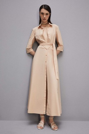 Patrizia Pepe Three-quarter Sleeve Cotton Chemisier Dress Beige | ZIQU-34215