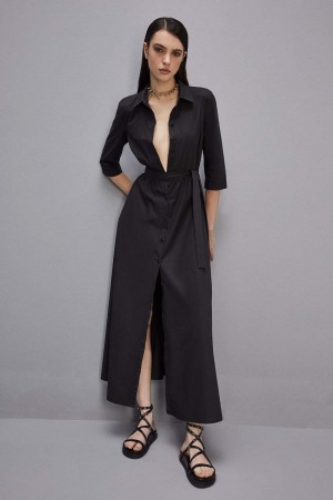 Patrizia Pepe Three-quarter Sleeve Cotton Chemisier Dress Nere | HRZC-37912
