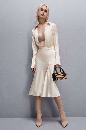 Patrizia Pepe Viscose Satin Midi Skirt Beige | NHZX-45609